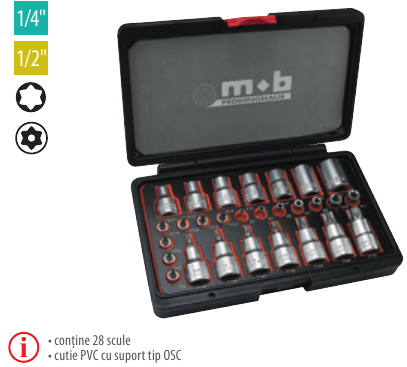 Trusă 28 capete tubulare Torx, MULTITORX 1/4”- 1/2”