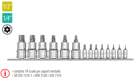 Set 14 capete tubulare cu bituri Tamper Torx 1/4”- 1/2”
